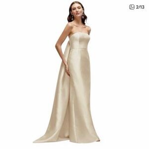 NWT Alfred Sung Strapless Satin Column Gown Removable Train Champagne Size 8